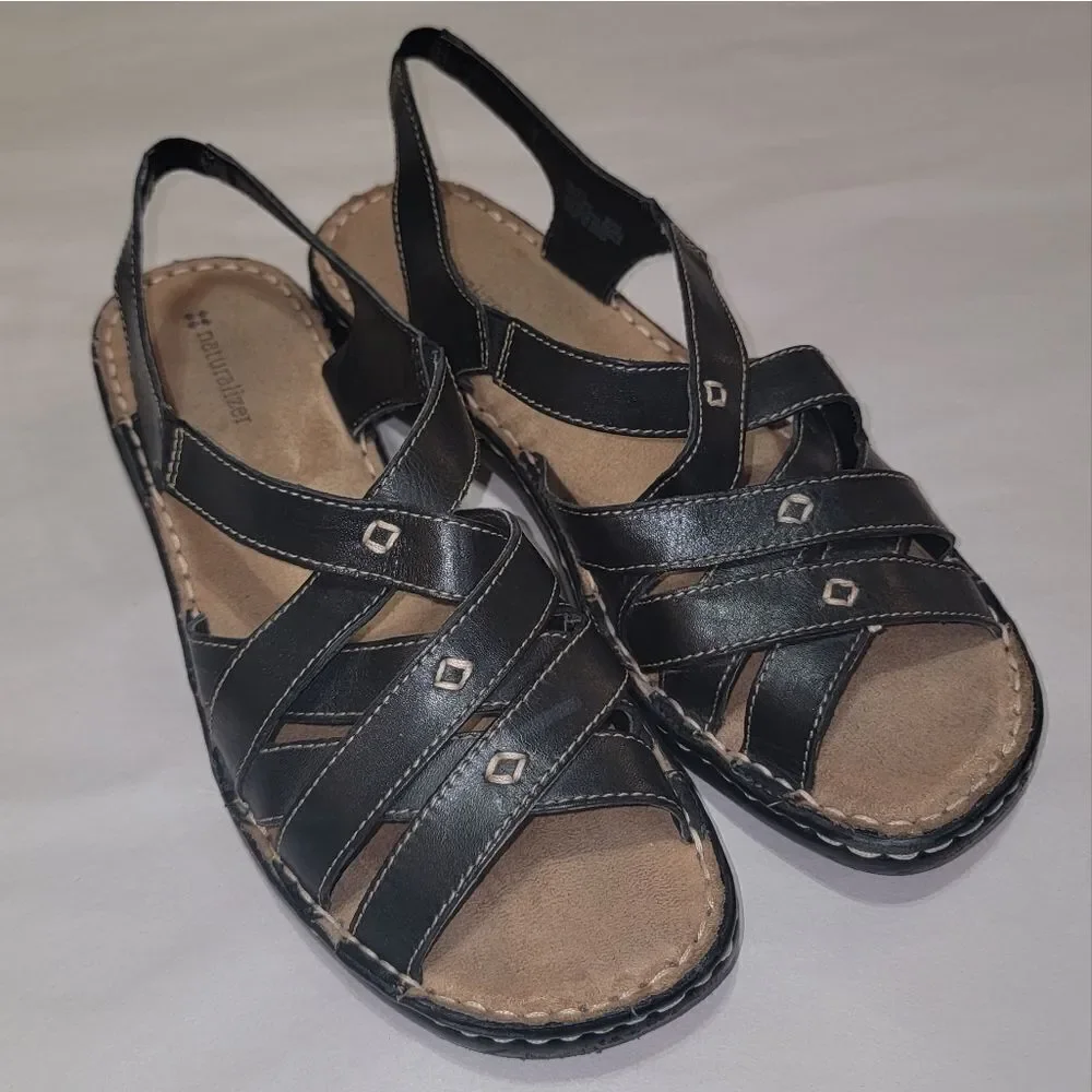 Naturalizer Craft Black Leather Strappy Comfort Sandals w Thick Stitching Sz 9.5